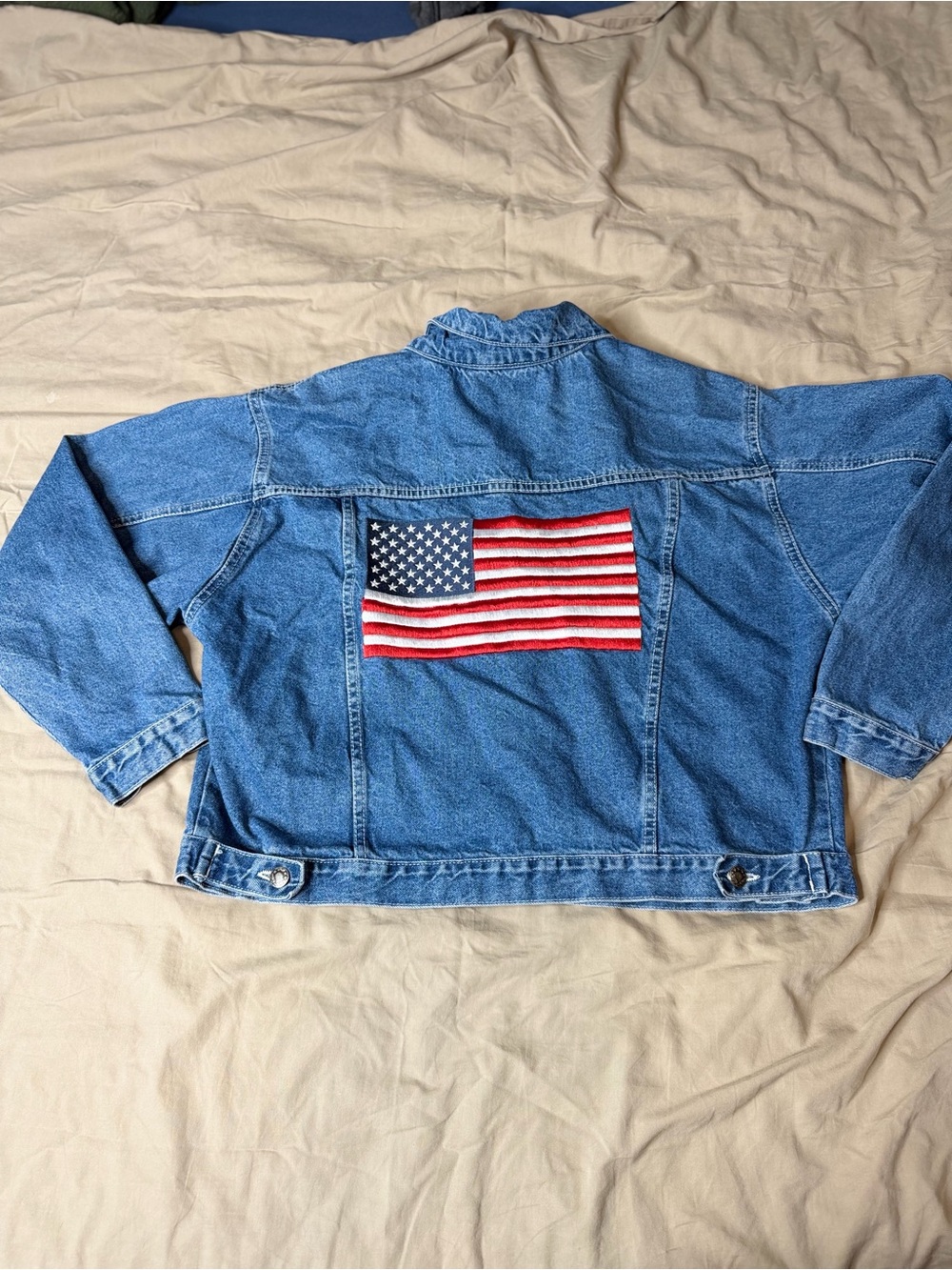 Vintage Women's Argee Embroidered USA Flag Blue Jean Trucker Jacket Cotton M
